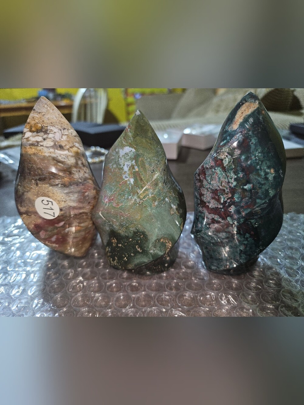 Ocean Jasper, Moss Agate & Crazy Lace Flame Set – 1.8kg Polished Crystal Trio